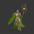 Fantasy Female Character In Green Cape With Glowing Star Staff And Golden Outfit