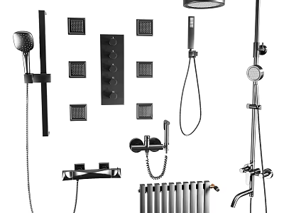 Black Shower System with Rain Head Handheld Sprayer Water Jets and Control Knobs 3d model