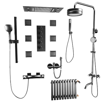 Black Shower System with Rain Head Handheld Sprayer Water Jets and Control Knobs 3d model