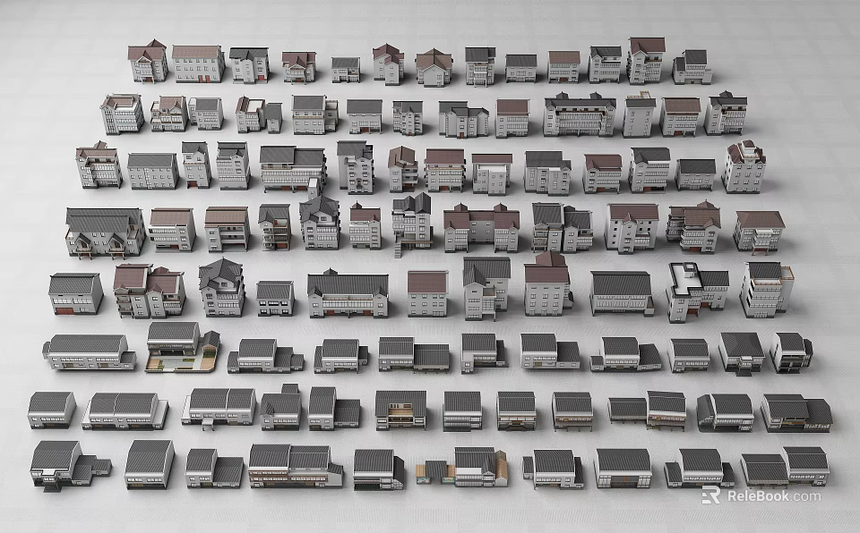 Various Styles And Sizes Of House Models With Gray Brown Roofs And White Gray Walls 3d model 
