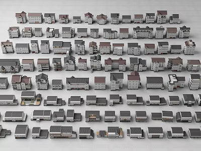 Various Styles And Sizes Of House Models With Gray Brown Roofs And White Gray Walls 3d model