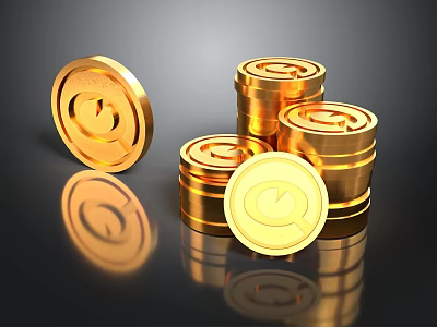 Household Gold Coins With Euro Symbol Stacked And Single On Black 3d model