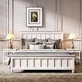 White Double Bed With Headboard Pillows Nightstands Table Lamps And Framed Art In Paneled Bedroom
