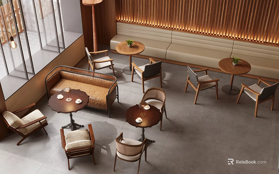 Modern Café Interior Design With Wooden Sofa Seats Round Tables And Warm Lighting 3d model 