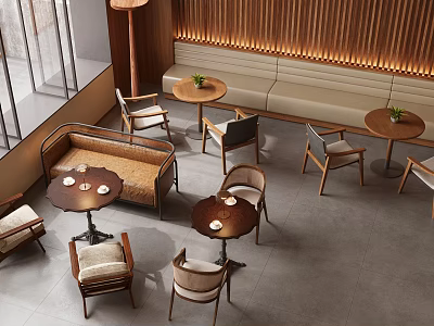 Modern Café Interior Design With Wooden Sofa Seats Round Tables And Warm Lighting 3d model
