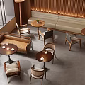 Modern Café Interior Design With Wooden Sofa Seats Round Tables And Warm Lighting