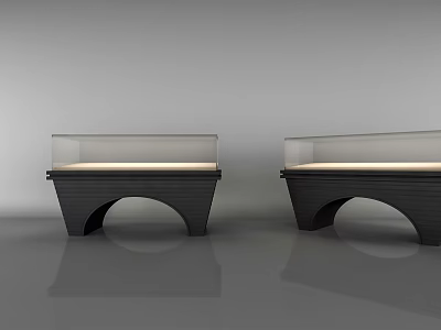Modern Display Shelves with Transparent Glass Top and Arched Black Base in Minimalist Setting 3d model