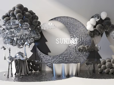 Black Silver Balloon Tree With Moon Shaped Decor For Party Setup 3d model