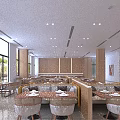 Spacious Modern Restaurant Interior With Wooden Tables And Large Windows 3d model