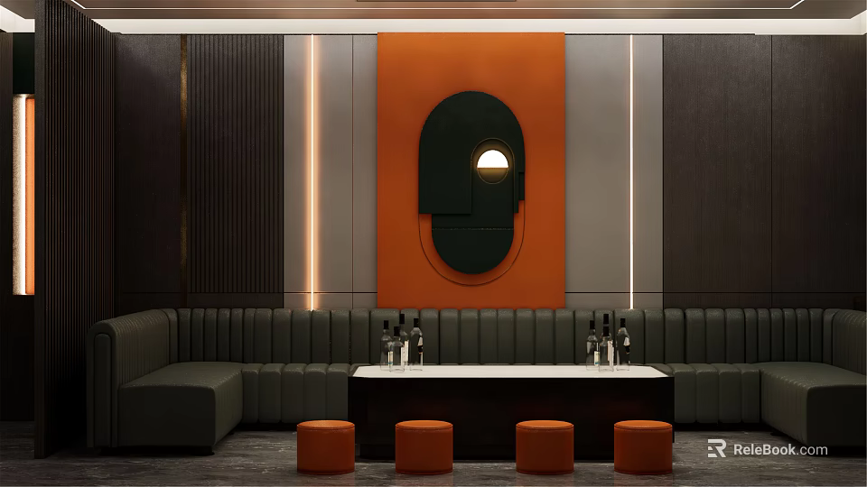 Luxury Modern KTV Lounge Interior With Orange Wall Art And Leather Seating 3d model 