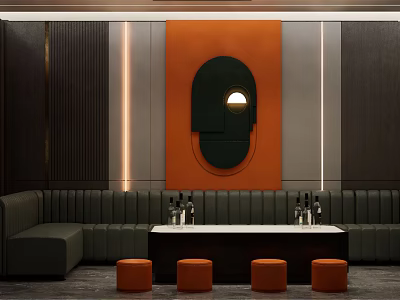 Luxury Modern KTV Lounge Interior With Orange Wall Art And Leather Seating 3d model