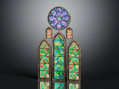 Decorative Casement Window Design With Stained Glass Arched Panels And Gold Frame 3d model