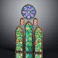 Decorative Casement Window Design With Stained Glass Arched Panels And Gold Frame