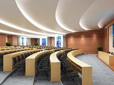 Tiered Conference Room Interior With Wooden Walls Large Windows Curved Ceiling And Neatly Arranged Seats 3d model