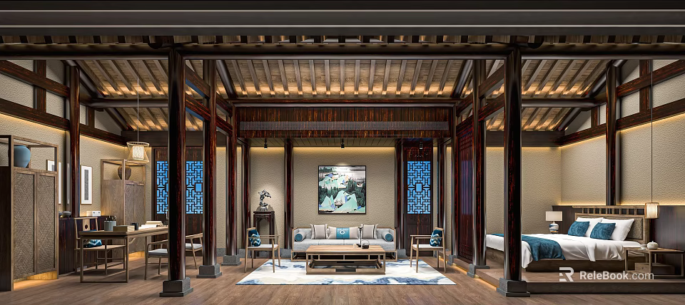 Traditional Chinese Style Hotel Room Interior With Wooden Structure Decorative Painting Sofa And Coffee Table 3d model 