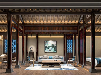 Traditional Chinese Style Hotel Room Interior With Wooden Structure Decorative Painting Sofa And Coffee Table 3d model