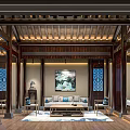 Traditional Chinese Style Hotel Room Interior With Wooden Structure Decorative Painting Sofa And Coffee Table