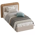 Cozy Single Bed With Upholstered Headboard Beige Gray Soft Blankets And Decorative Pillows