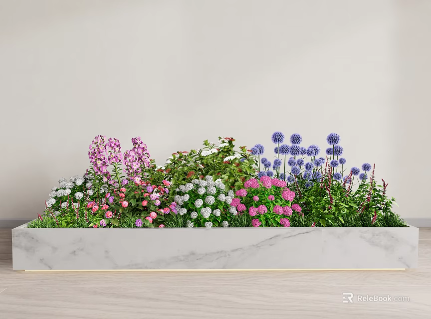 Vibrant Mixed Flowers in White Marble Planter with Pink Purple Blue Blooms and Green Foliage 3d model 