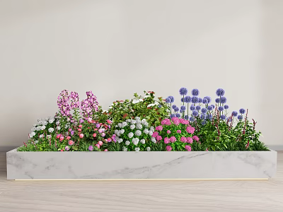 Vibrant Mixed Flowers in White Marble Planter with Pink Purple Blue Blooms and Green Foliage 3d model