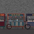 Traditional Style Functional Food Carts with Signboards Wheels and Brick Wall Background