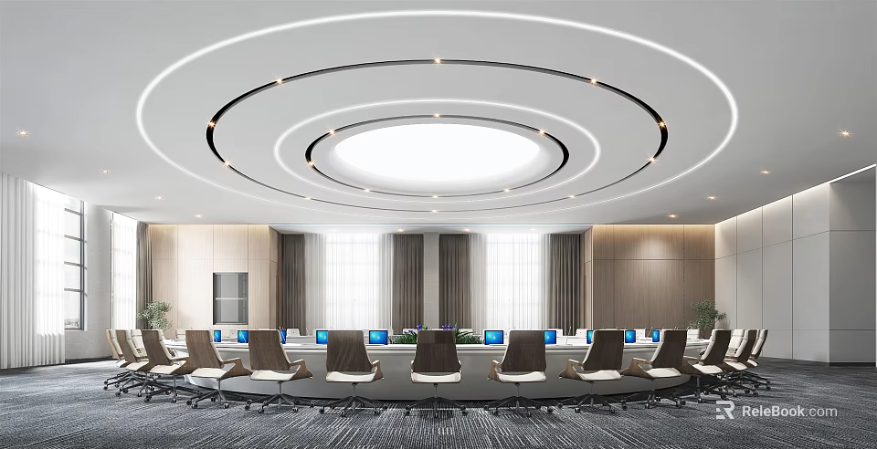 Modern Conference Room Interior with Circular Ceiling Large Table Chairs Computers Windows and Curtains 3d model 