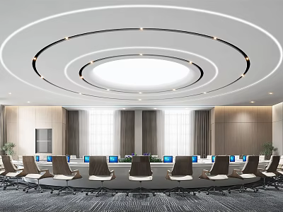 Modern Conference Room Interior with Circular Ceiling Large Table Chairs Computers Windows and Curtains 3d model