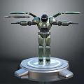 Green Robot Character With Multiple Mechanical Arms Standing on Silver Circular Base 3d model