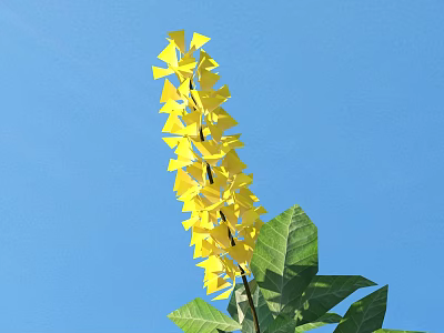 Bright Yellow Flowers Blooming With Lush Green Leaves Against Clear Blue Sky 3d model