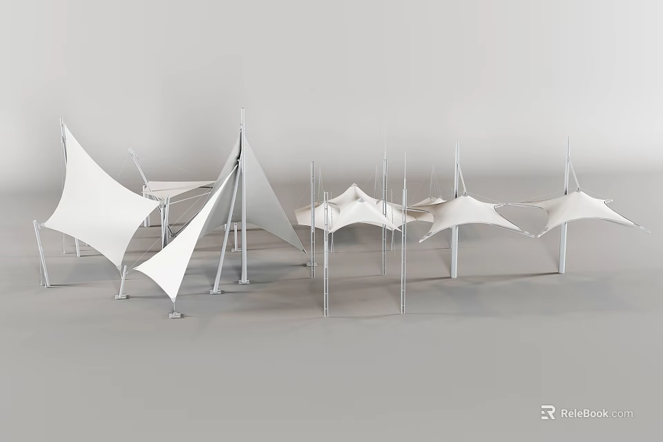 White Tensile Membrane Structures With Modern Steel Pole Support Design 3d model