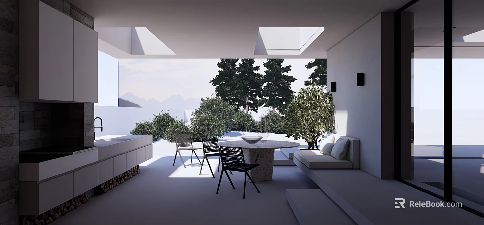 Modern Home Balcony Interior With Skylights Mountain View And Outdoor Sofa 3d model 