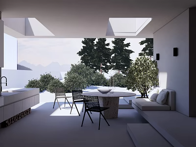 Modern Home Balcony Interior With Skylights Mountain View And Outdoor Sofa 3d model