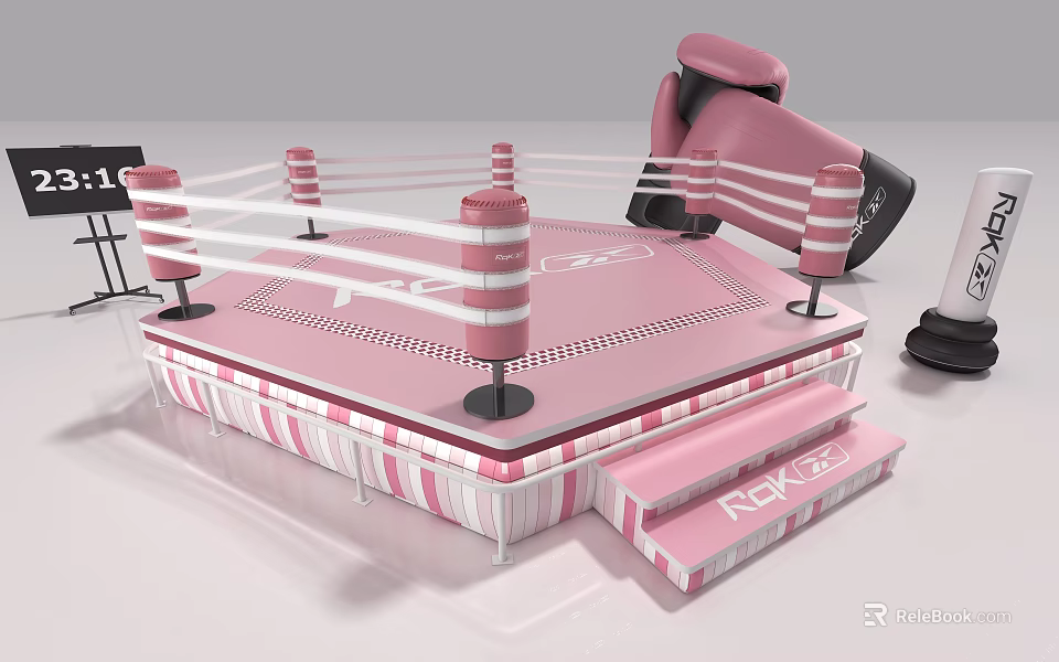 Pink Boxing Ring With Striped Posts And Matching Boxing Gloves Sports Equipment 3d model 