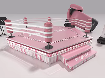 Pink Boxing Ring With Striped Posts And Matching Boxing Gloves Sports Equipment 3d model