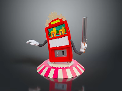 Anthropomorphic Red Vending Machine Character With Popcorn Top Holding Gun On Striped Base 3d model