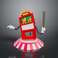 Anthropomorphic Red Vending Machine Character With Popcorn Top Holding Gun On Striped Base