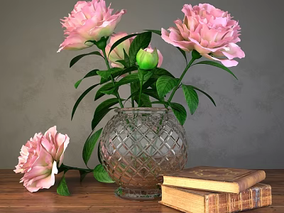 Transparent Diamond Pattern Vase With Pink Peonies Green Leaves And Old Books On Wooden Table 3d model