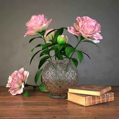 Transparent Diamond Pattern Vase With Pink Peonies Green Leaves And Old Books On Wooden Table 3d model