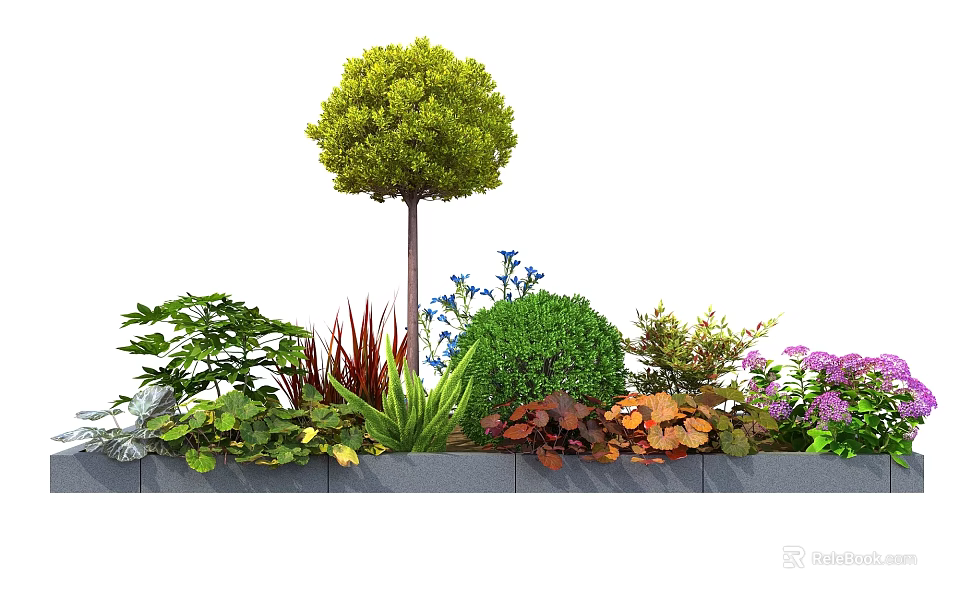 Lush Garden Border With Colorful Flowers Diverse Shrubs And Green Leafy Tree 3d model 