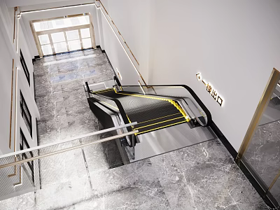 Modern Escalator in Lobby with Marble Floor Metal Handrails and Lighting Design 3d model