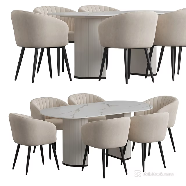 Modern Dining Table and Chairs Set with Beige Upholstered Seats and Marble Tabletop 3d model 