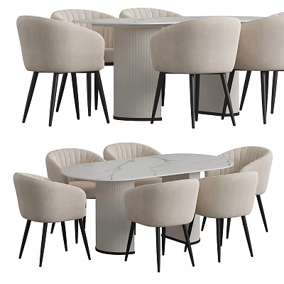 Modern Dining Table and Chairs Set with Beige Upholstered Seats and Marble Tabletop 3d model