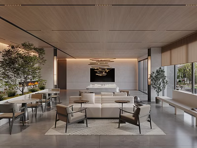 Modern Sales Office Interior Featuring Wooden Ceiling Sofa Tables Chairs Green Plants And Large Windows 3d model