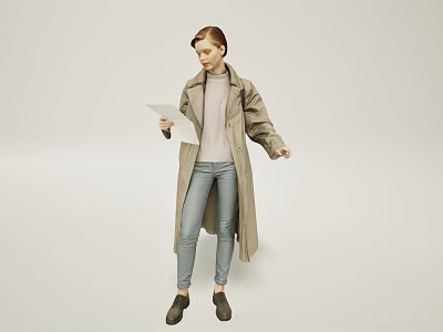 Woman In Beige Trench Coat And Light Pink Turtleneck Looking At Tablet Against Light Background 3d model