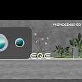 Mercedes EQ Display Stage With Gray Backdrop Circular Design EQE Logo And Plants