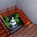 Wooden Stairs with Railings Angel Statue Fountain and Green Plants on Marble Floor