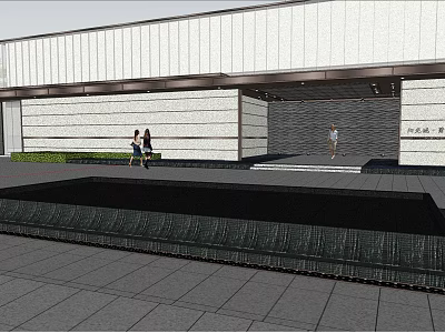 Main Entrance Gate With Modern Stone Facade And People On Paved Plaza 3d model