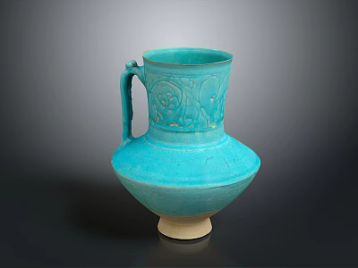 Blue Ceramic Vase Sculpture With Intricate Carved Patterns Handle And Light Colored Base 3d model