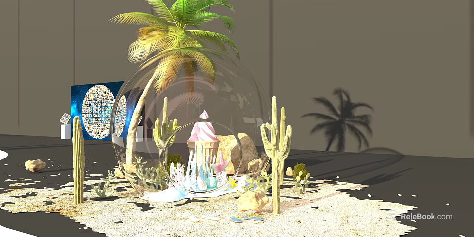 Decorative Desert Scene With Transparent Bubble Palm Tree Cacti And Pink Building 3d model 