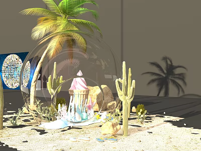 Decorative Desert Scene With Transparent Bubble Palm Tree Cacti And Pink Building 3d model